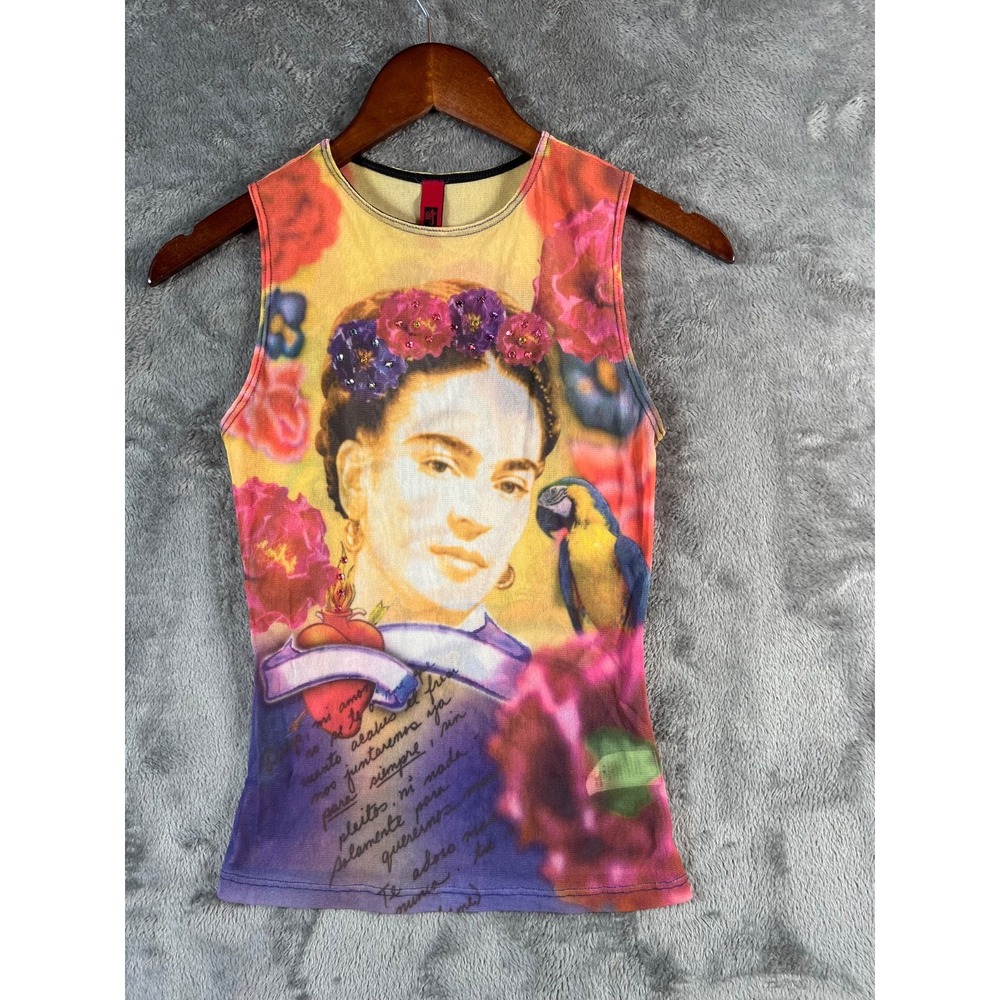 VINTAGE Just In Time Mesh Top Womens Large Frieda Khalo Graphic Embellished - Picture 2 of 12